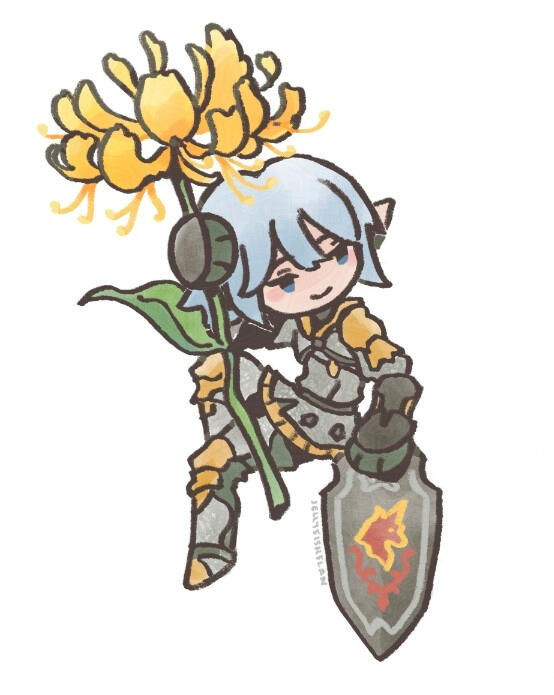 Honeysuckle Chibi style drawing of Haurchefant holding up a yellow honeysuckle stem.