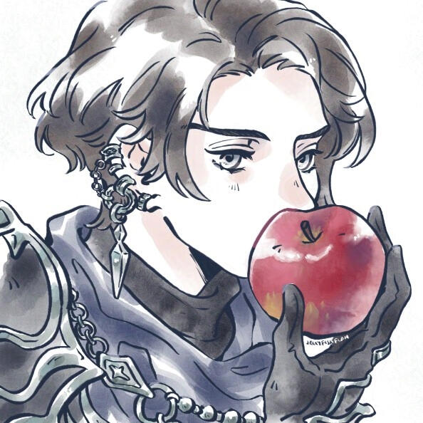 Zero Close up drawing of Zero from Final Fantasy XIV biting into a red apple.