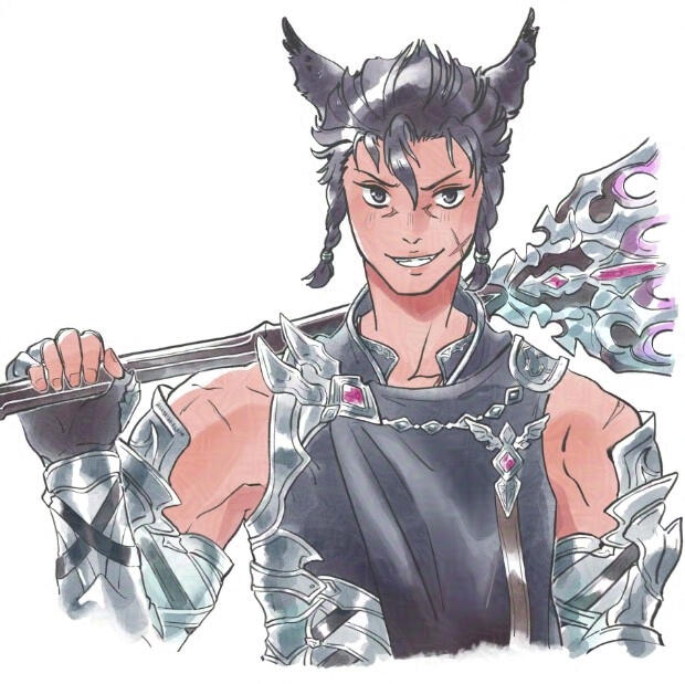 Miqo'te Dragoon Drawing of a Miqo'te dragoon grinning and holding a spear over his shoulder.