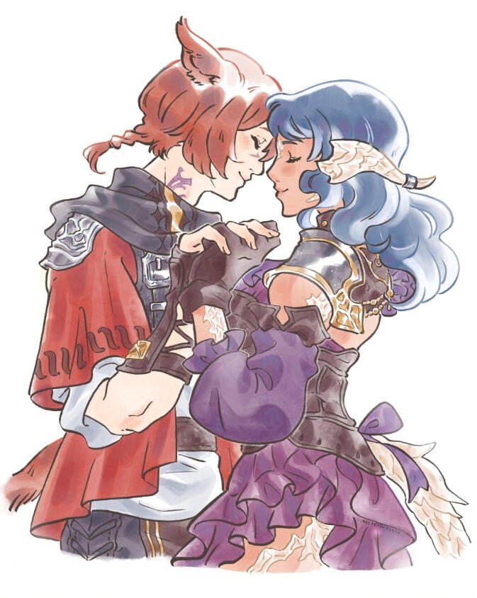 For Rose Drawing of G'raha Tia and an Au Ra woman holding hands and smiling gently with their foreheads touching.
