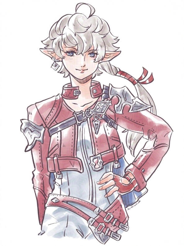 Alisaie Half body drawing of Alisaie in her Endwalker outfit. She's smiling and has a hand on her hip.