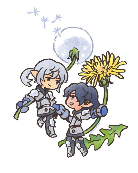 Dandelions Chibi style drawing of Estinien and Aymeric in their temple knight gear, each holding a dandelion flower.