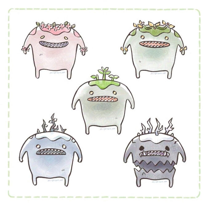 Doodles of goobbues from FFXIV; Peatie, Laurel Goobbue, Goobbue, Highland Goobbue, & Decaying Gourmand