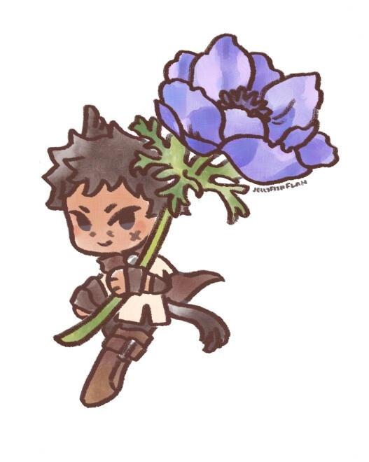 Anemone doodle of a chibi style Miqo'te holding a purple anemone flower